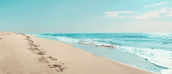 Wall Mural - A beach with a clear blue ocean and a few footprints in the sand