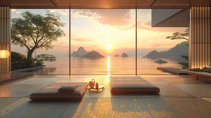 Sticker - modern living room With a beautiful ocean sunset view outside the window