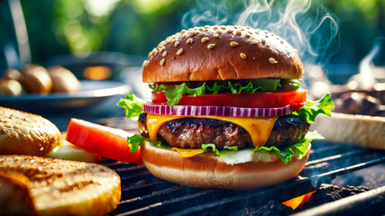 Savor the delectable taste of a Grilled Cheeseburger with Fresh Veggies cooked on the barbecue grill