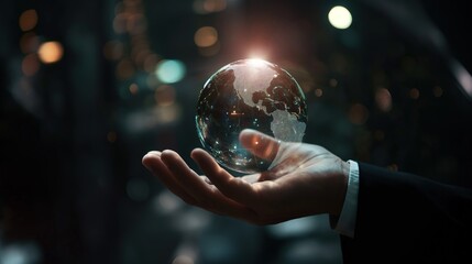A business man's hand  is carrying a holographic globe in a dark room, technological and futuristic background
