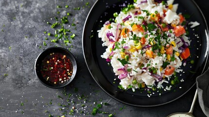 Wall Mural - A colorful plate of fresh vegetable rice salad garnished with chopped herbs, accompanied by a small bowl of spicy sauce on a dark background.