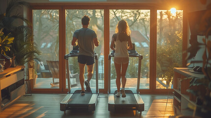 Wall Mural - Couple exercising on treadmill at home