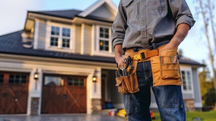 Wall Mural - home service technician with a tool belt in front of a house