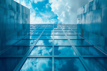 Closeup of the exterior of a glass office building under a blue sky