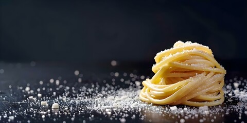 Wall Mural - Professional Photo of Spaghetti Cacio e Pepe on Black Background with Copy Space and Selective Focus. Concept Food Photography, Italian Cuisine, Gourmet Presentation, Culinary Art, Copy Space