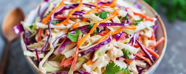 Wall Mural - A vibrant bowl of fresh coleslaw featuring shredded cabbage, carrots, and cilantro, perfect for a healthy and colorful side dish.