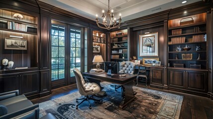 Elegant home office with walls of dark hickory wood panels, creating a luxurious work environment