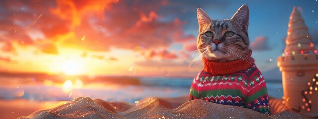 A cat wearing a Christmas sweater, sitting in a sandcastle on the beach, sunset backdrop, vibrant colors, digital illustration, festive and whimsical