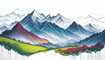 Wall Mural - Abstract colorful shape on mountain peak and tree landscape on watercolor illustration painting background, Generative AI.