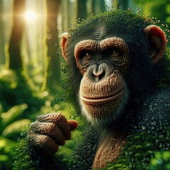 Wall Mural - a hyperrealistic picture of a Chimpanzee that looks normal at the front but falls apart in little cubes
