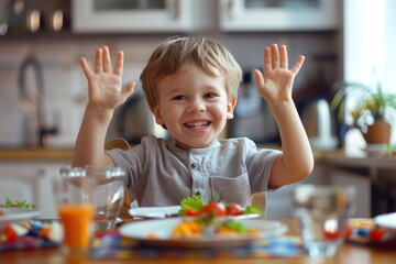 Canvas Print - Joyful expression of little girl festive table ceremony. Smiling girl showing her palms near table filled food and joy. Image portrays essence of cultural joy and unity.