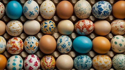  The image shows a collection of colorful eggs with various patterns inside decorative egg cartons. The eggs are displayed in a group arrangement with different types of patterns and colors.