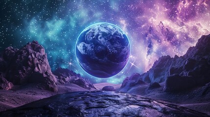 Wall Mural - exo-planet in outer space with neon galaxy portal - fantasy alien landscape, 3d illustration