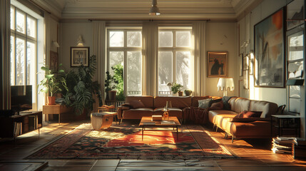 Poster - Interior of a living room with a retro design style