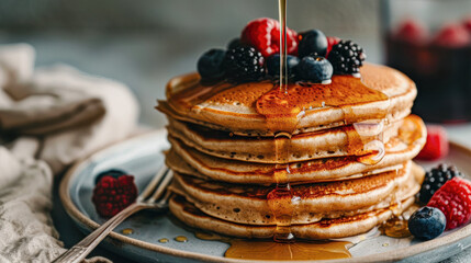 Poster - Stack of Vegan Pancakes with Maple Syrup and Berries Delicious Breakfast Treat