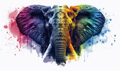 Wall Mural - Angry elephant face vector with zoo park details and vibrant rainbow splash on a white background , Generate AI