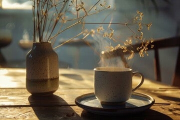 A ceramic cup and saucer placed on a rustic wooden table, perfect for a cozy breakfast or afternoon tea