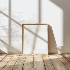 Empty wooden Frame for poster or painting on Wooden Floor with Sunlight Shadows. Mockup with Minimalist Interior Design Concept