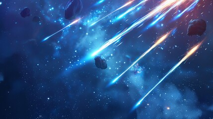 Wall Mural - realistic comets and asteroids with blue luminous traces streaking across night sky, 3d vector bolid