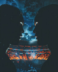Wall Mural - Two silhouettes of people in a stadium with a dark blue sky