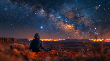 Wall Mural - silhouette of a person Under the brilliant Milky Way starry sky