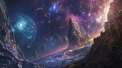 Wall Mural - Surreal Fantasy Space Scene with Vibrant Nebulae and Distant Stars in Digital Artwork