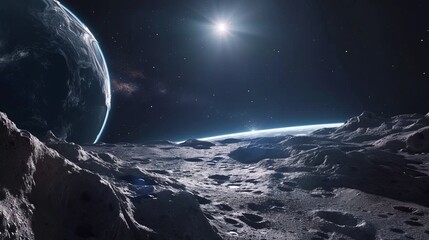 Wall Mural - breathtaking space landscape with distant planet and glowing stars in cosmic scene