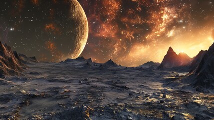 Wall Mural - breathtaking space landscape with distant planet and glowing stars in cosmic scene