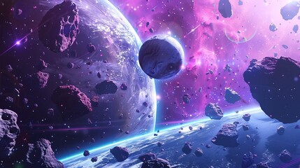 Wall Mural - panoramic space scene with planets and meteorites, cosmic background in 32:9 aspect ratio