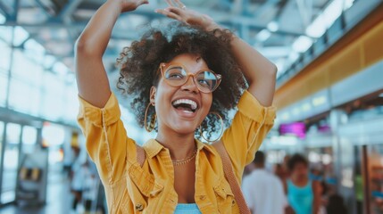 Wall Mural - Young woman feeling excited while going on vacation at airport