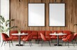 © Sagar - modern coffee shop interior with wooden paneling on the wall, two large blank poster frames