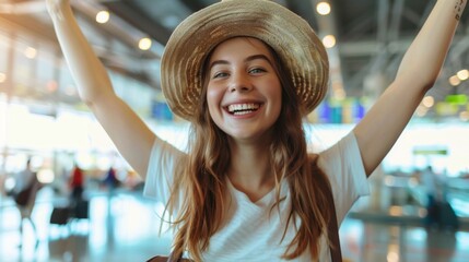 Wall Mural - Young woman feeling excited while going on vacation at airport