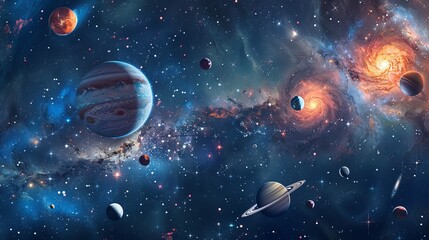 Wall Mural - panoramic view of cosmic space with planets, stars, and galaxies