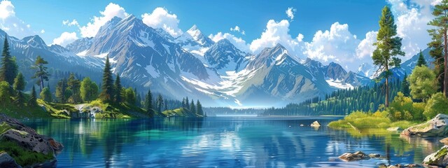 Illustration tranquil mountain lake surrounded by pine forests, with the clear blue water reflecting the snow-capped peaks and a clear sky.