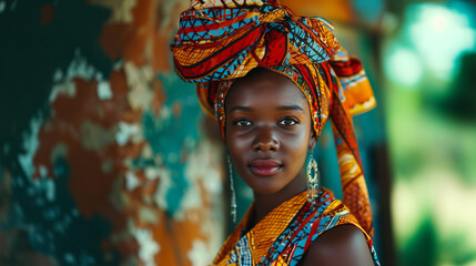 Wall Mural - A woman wearing a colorful head scarf and earrings