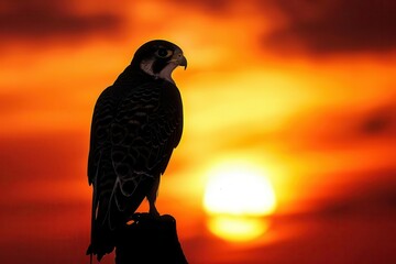 Canvas Print - majestic merlin falcon silhouetted against fiery sunset sky powerful bird of prey in dramatic light wildlife photography