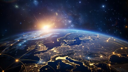 Wall Mural - sunrise on planet earth from space: european city lights and connections highlight global communicat