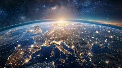 Wall Mural - sunrise on planet earth from space: european city lights and connections highlight global communicat