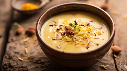 A refined shot of a traditional bowl of seviyan kheer, garnished with chopped nuts and saffron threads, placed on a rustic wooden table with soft, diffused lighting