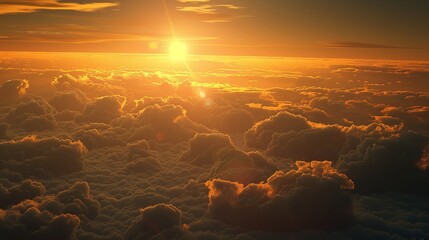 Wall Mural - sunrise over horizon with warm glow and cumulus clouds in picturesque astronomical event in space