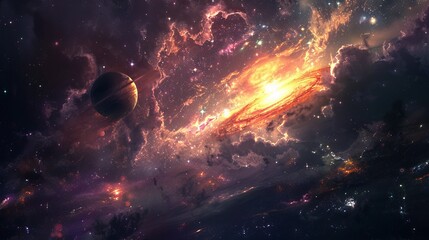 Wall Mural - colorful nebula and galaxy space background with stars, suns, and planets - astronomy telescope view
