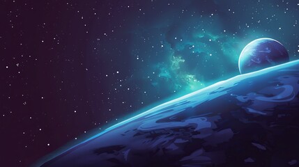 Wall Mural - Stunning Vector Illustration of a Distant Planet in Space with Glowing Atmosphere and Stars