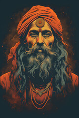 vintage illustrated indian guru hindu religious person from india, spirituality vintage illustrated