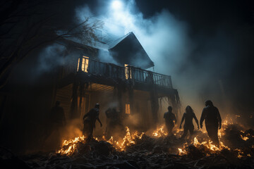 A spooky haunted house with cobwebs, eerie lighting