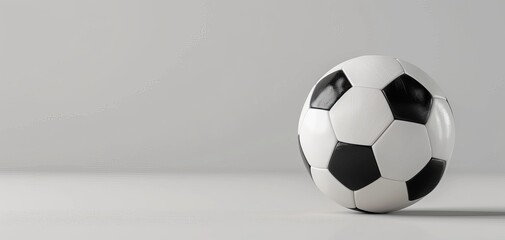 Classic black and white soccer ball on plain gray background. Minimalistic sports concept for football enthusiasts and players.