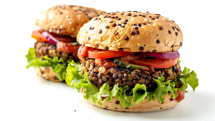 Vegan lentils burger with vegetables on white background. Isolated.