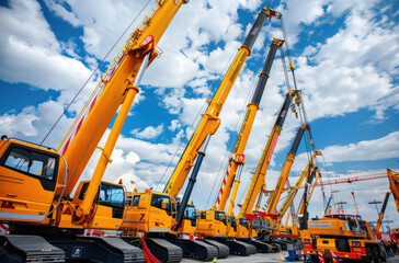 Canvas Print - several yellow mobile crane vehicles lined up in an outdoor setting, showcasing their impressive height and heavy lifting abilities under the clear blue sky