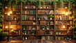 © Adisorn - Cozy virtual background featuring a wooden bookshelf with old books, greenery, and warm lighting, perfect for e-learning, video conferencing, and social media presentations.