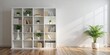 © Adisorn - Minimalist white virtual background features a beautifully crafted wooden bookshelf with empty shelves, perfect for showcasing products, books or decorative items.