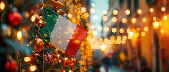 Wall Mural - Festive Italian street adorned with glowing lights and an Italian flag, capturing the holiday spirit amid a warm and inviting atmosphere.